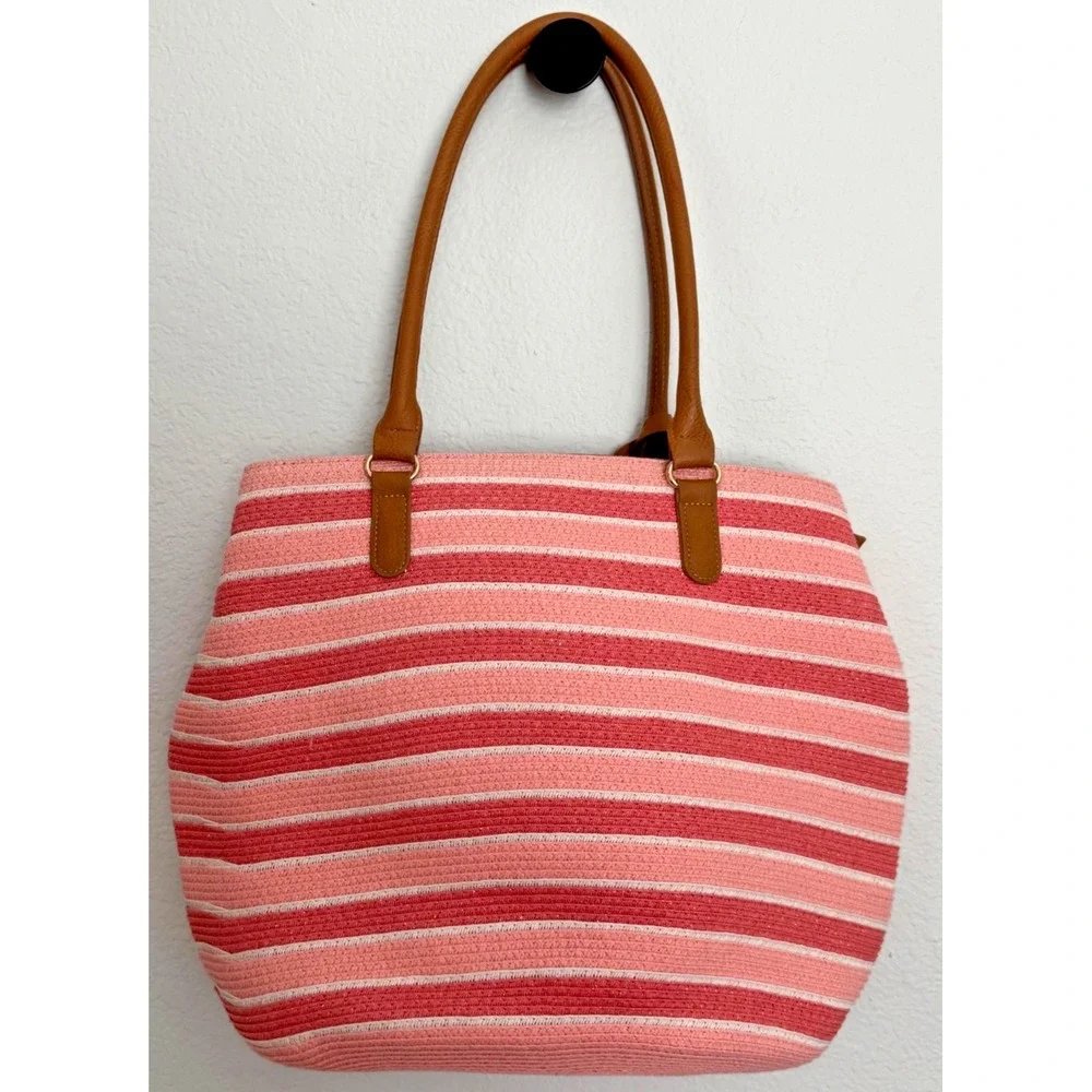 Amiani Pink Beach Bag Tote Zipper Closure Stripped Handbag‎ Gold Shimmer
